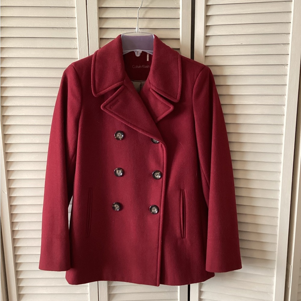 Red Calvin Klein Pea Coat wool cashmere blend